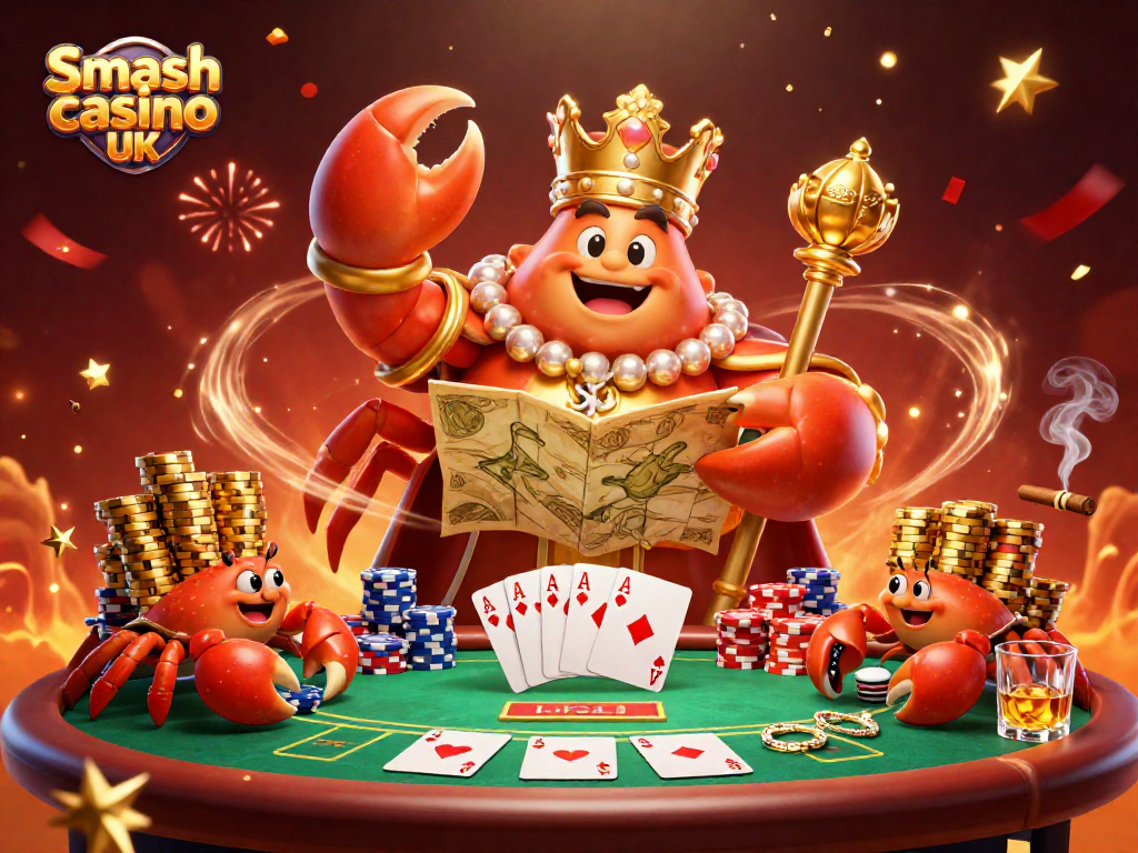 Experience big wins at Smash casino UK with a vibrant 3D scene showcasing a golden crab emperor and poker elements.