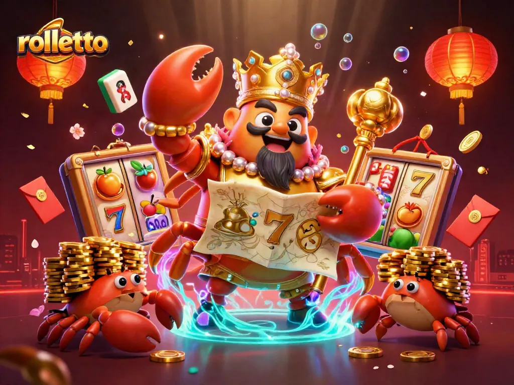 Join the rolletto casino adventure with a golden crab emperor amidst vibrant gaming elements.