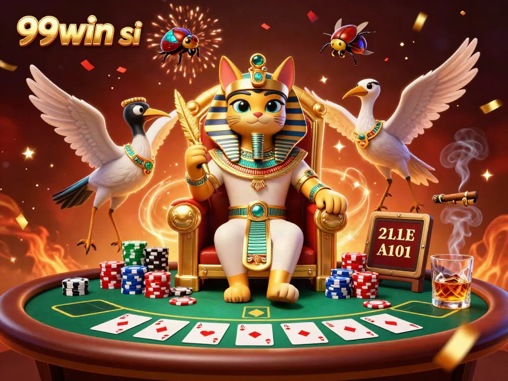 Engage with a vibrant 99win si online casino scene showing an Egyptian pharaoh cat and poker elements.