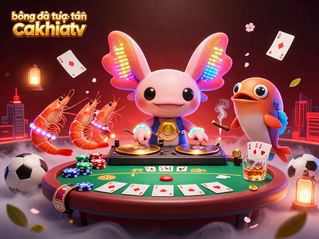 bóng đá trực tuyến cakhiatv showcases a vibrant 3D scene with animated axolotl DJ and exciting betting elements.