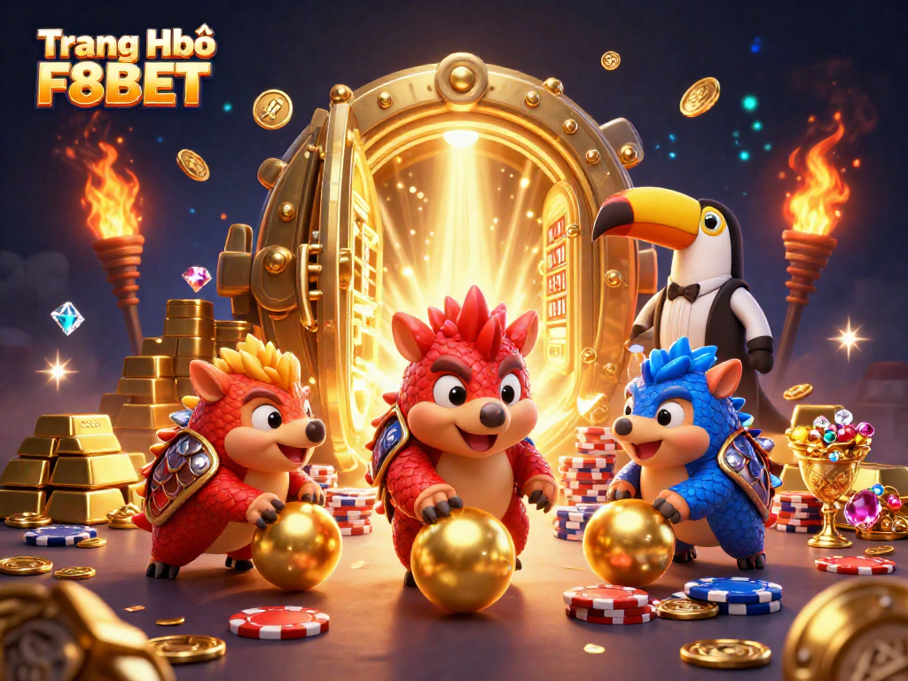 Engage in thrilling gaming at Trang Chủ F8BET with cartoon pangolins and vibrant jackpot elements!