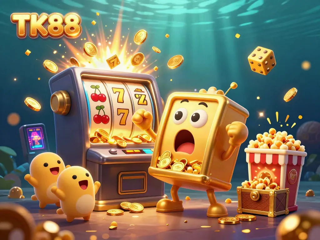 Experience the excitement of TK88 with golden slot machines celebrating a jackpot burst in a vibrant casino atmosphere.
