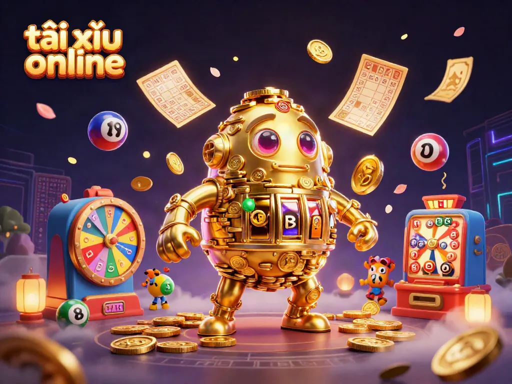 Engage with tài xỉu online gameplay featuring a dynamic ancient golden golem surrounded by lottery elements.