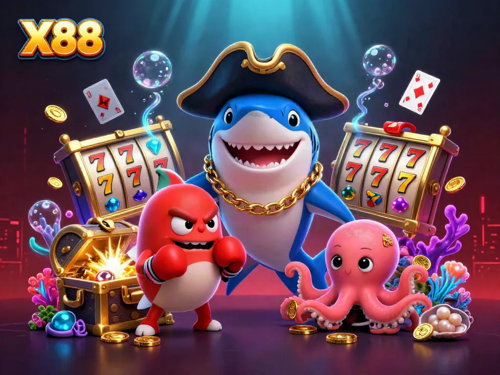 X88 slots come alive in a vibrant underwater scene with a playful pirate shark, pufferfish, and octopus.