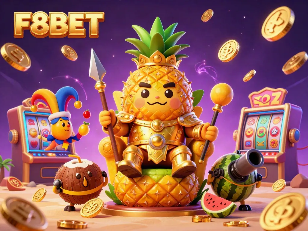 Immerse in F8BET's vibrant gaming world with lively slot machines, golden coins, and dynamic illustrations.