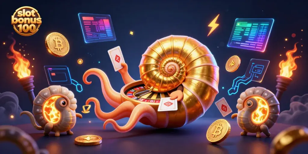 Spin the reels with the slot bonus 100 in an exciting casino scene featuring a giant nautilus and glowing coins.