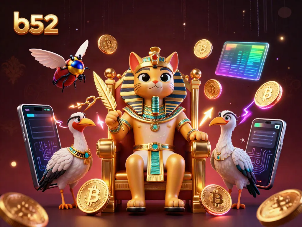 Engage in thrilling gameplay with b52 at this dynamic casino scene featuring a 3D pharaoh cat and crypto elements.