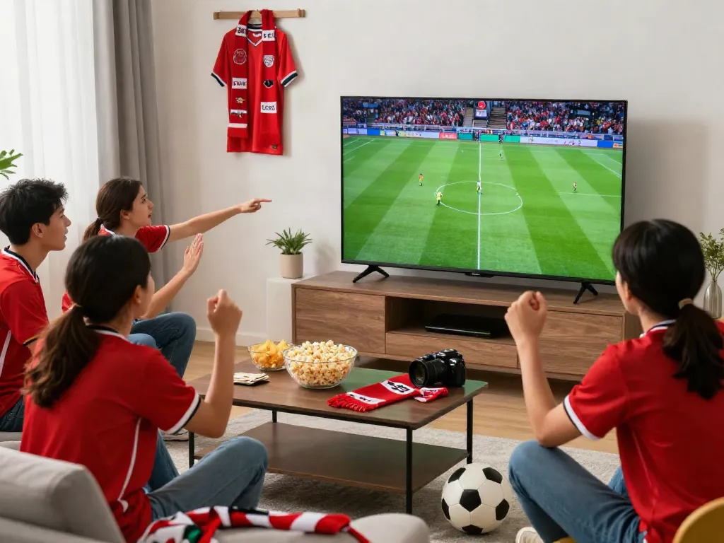 Friends watching Thapcamtv live football match in a lively living room.