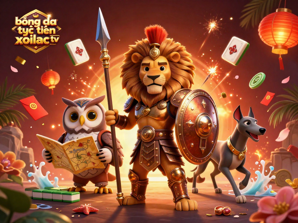 Bet on bóng đá trực tuyến xoilac tv with a vibrant 3D casino scene featuring strategic characters.