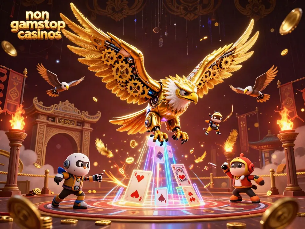 Experience non gamstop casinos with a dynamic 3D scene featuring an eagle diving through holographic cards.