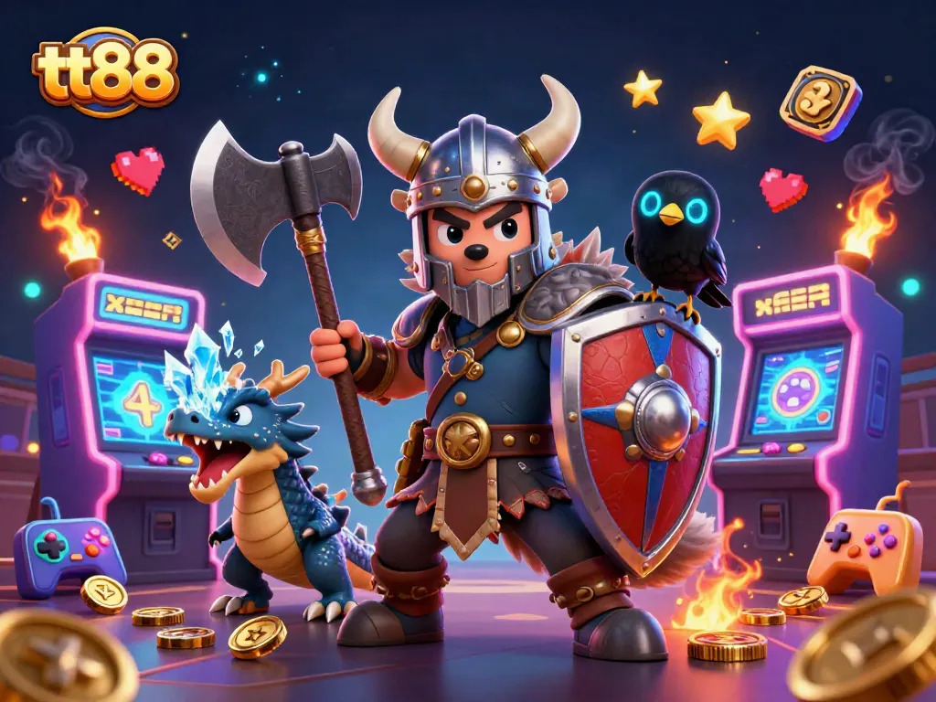 Engage with tt88 immersive gaming experience featuring a Viking wolf, dragon, and glowing arcade machines.
