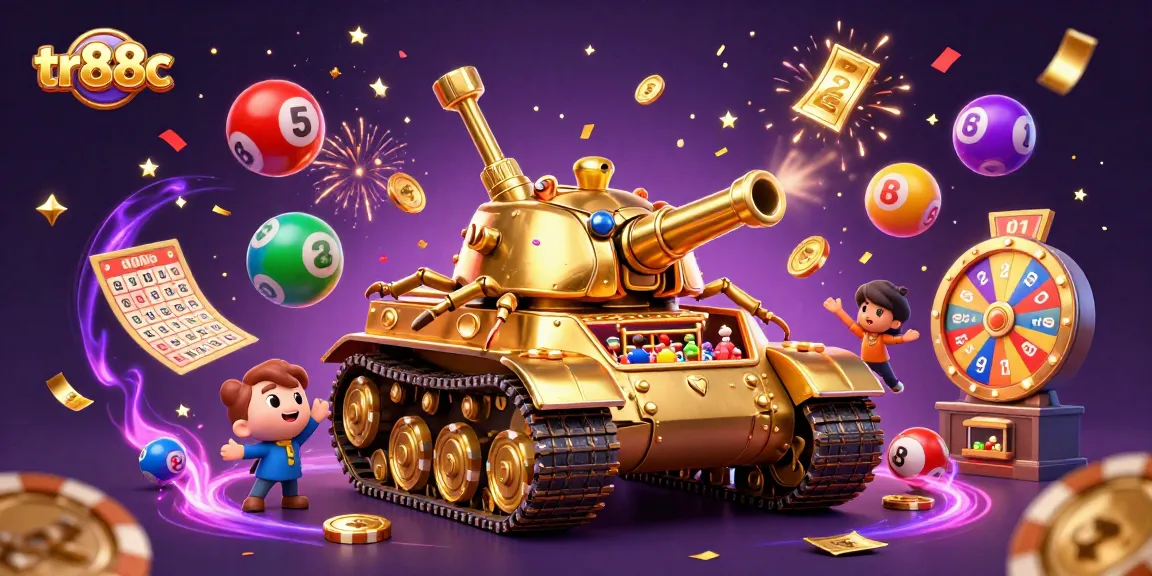Engage in thrilling gameplay with tr88c's colorful casino-themed illustration featuring lottery balls and confetti.