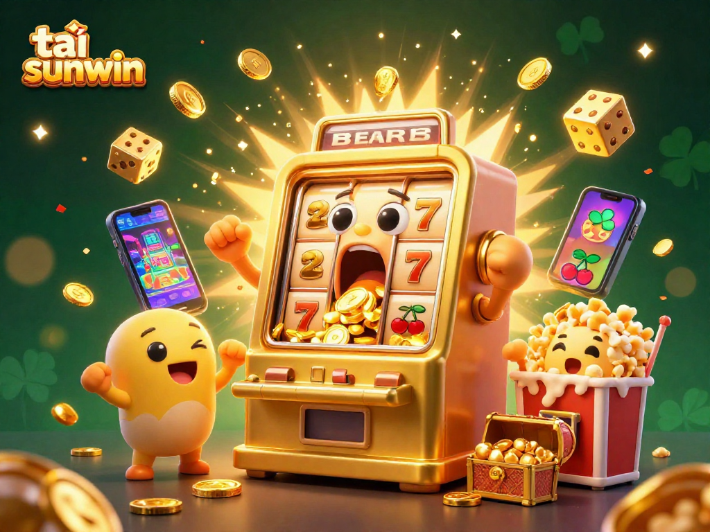 Exciting scene of a golden slot machine hitting its jackpot while celebrating, perfect for tải sunwin enthusiasts.