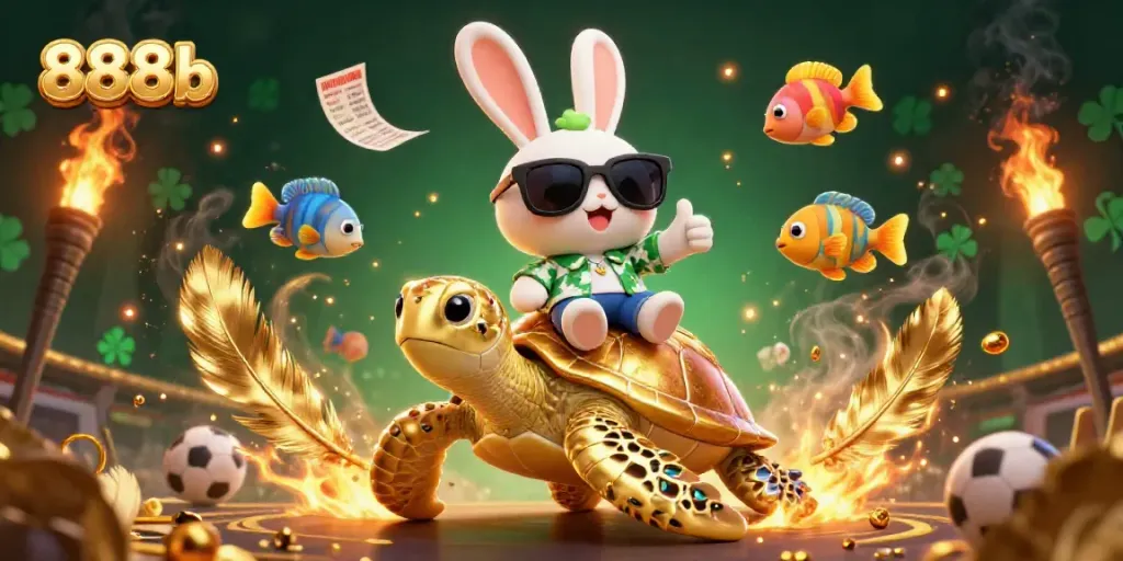 Engage with 888b's vibrant casino vibes featuring a lucky rabbit and golden turtle amidst sports elements.