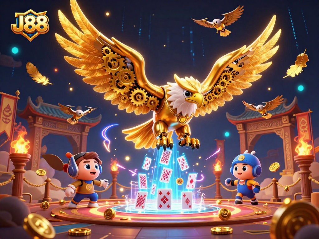 Experience J88's vibrant gambling scene featuring a dynamic golden eagle amidst swirling holographic cards.