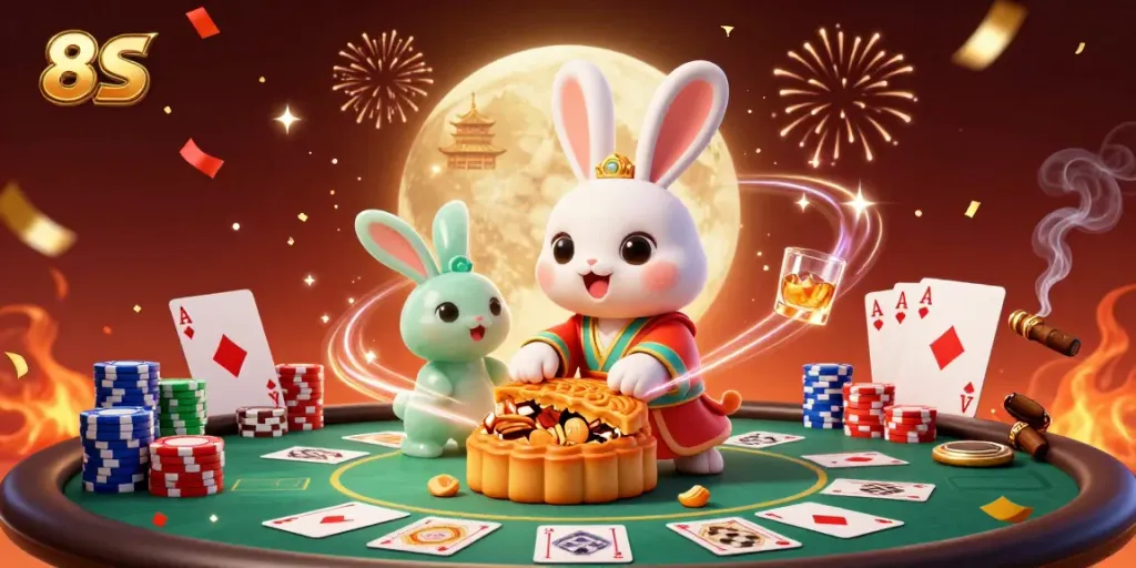 Engage in thrilling casino action with the 8S moon rabbit, revealing poker chips as mooncakes crack open.