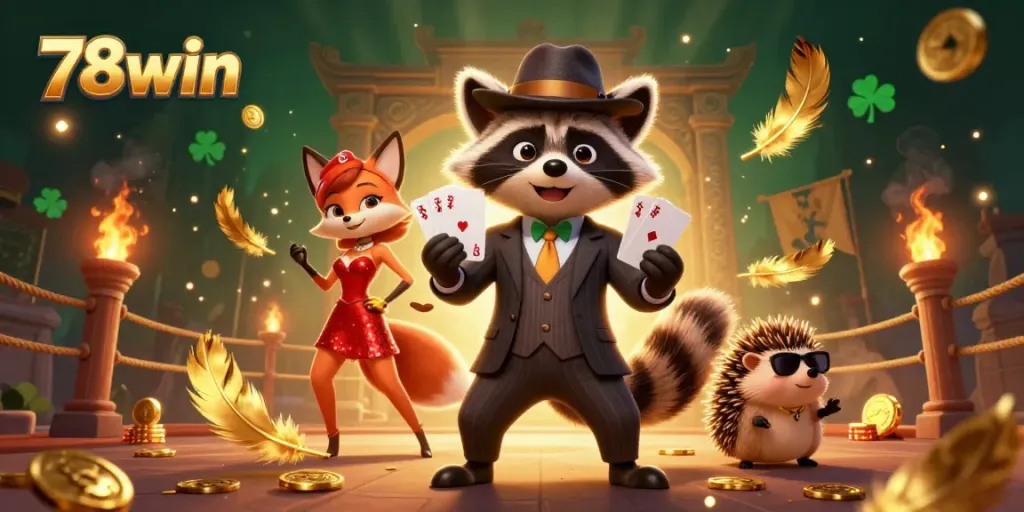 Experience thrilling bets at 78win with a raccoon, fox, and hedgehog celebration.