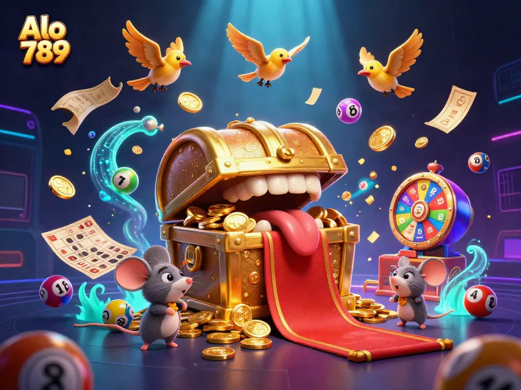 Win big with Alo 789 as adventurer mice approach a golden treasure chest in this vibrant casino illustration.