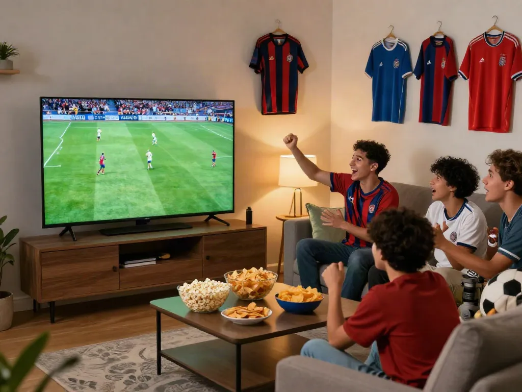 Fans enjoying a live soccer match on Gavangtv in a lively living room.