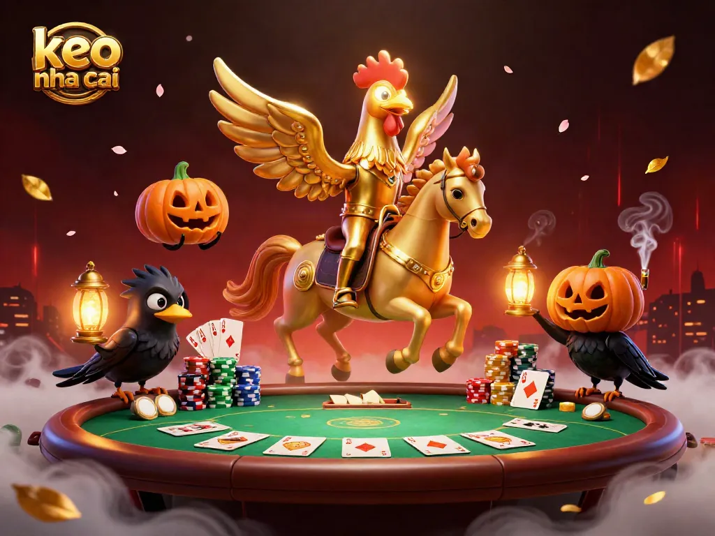Engage with keo nha cai betting strategies at a fantasy casino featuring a golden rooster and poker elements.