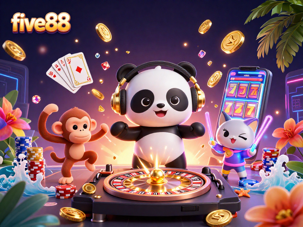 Experience the vibrant joy of five88 through a dynamic 3D illustration with lively characters and exciting casino elements.