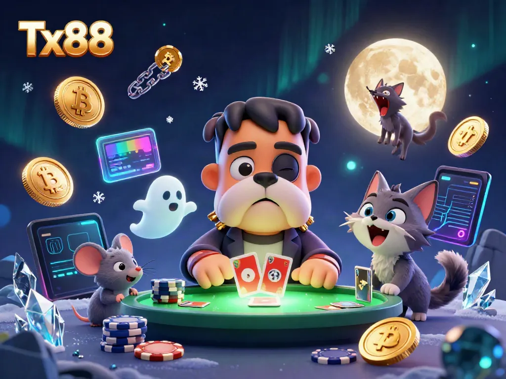 Engage with Tx88 in a vibrant casino scene featuring a bizarre 3D Frankenstein bulldog dealer, filled with dynamic gaming elements.