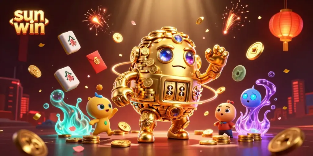 Engage in thrilling gameplay at sun win with a dynamic scene of a golden golem and casino elements.