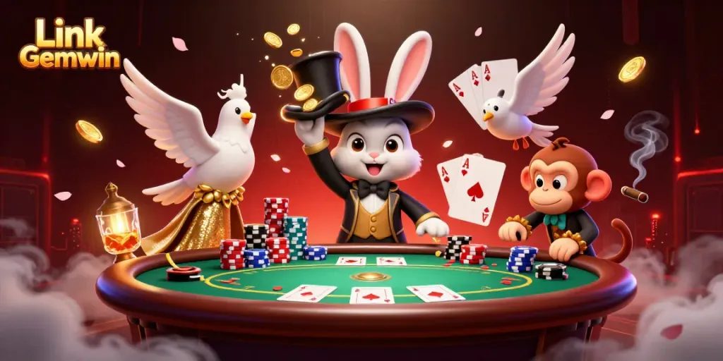 Participate in the excitement at Link Gemwin with a whimsical scene of a magician rabbit, a dove, and a cheeky monkey surrounded by poker elements.