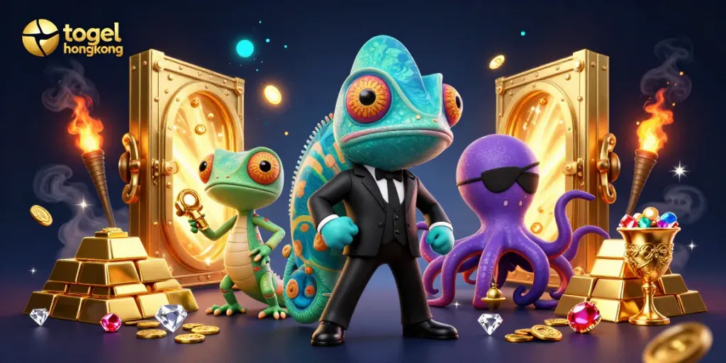 Play togel hongkong with vibrant cartoon characters amidst dynamic casino elements and treasures.