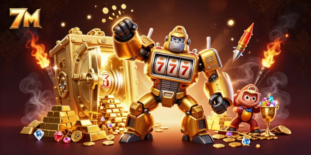 Experience the thrill of 7M gaming with an explosive mech scene filled with gold and riches.