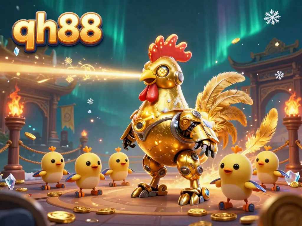 Engage with qh88's dynamic online casino scene featuring a golden rooster robot and baby chicks with exciting gambling elements.