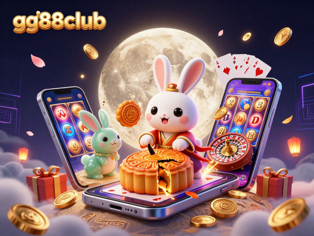 Engage with exciting gaming at gg88club, featuring a moon rabbit and poker chips amidst vibrant casino elements.