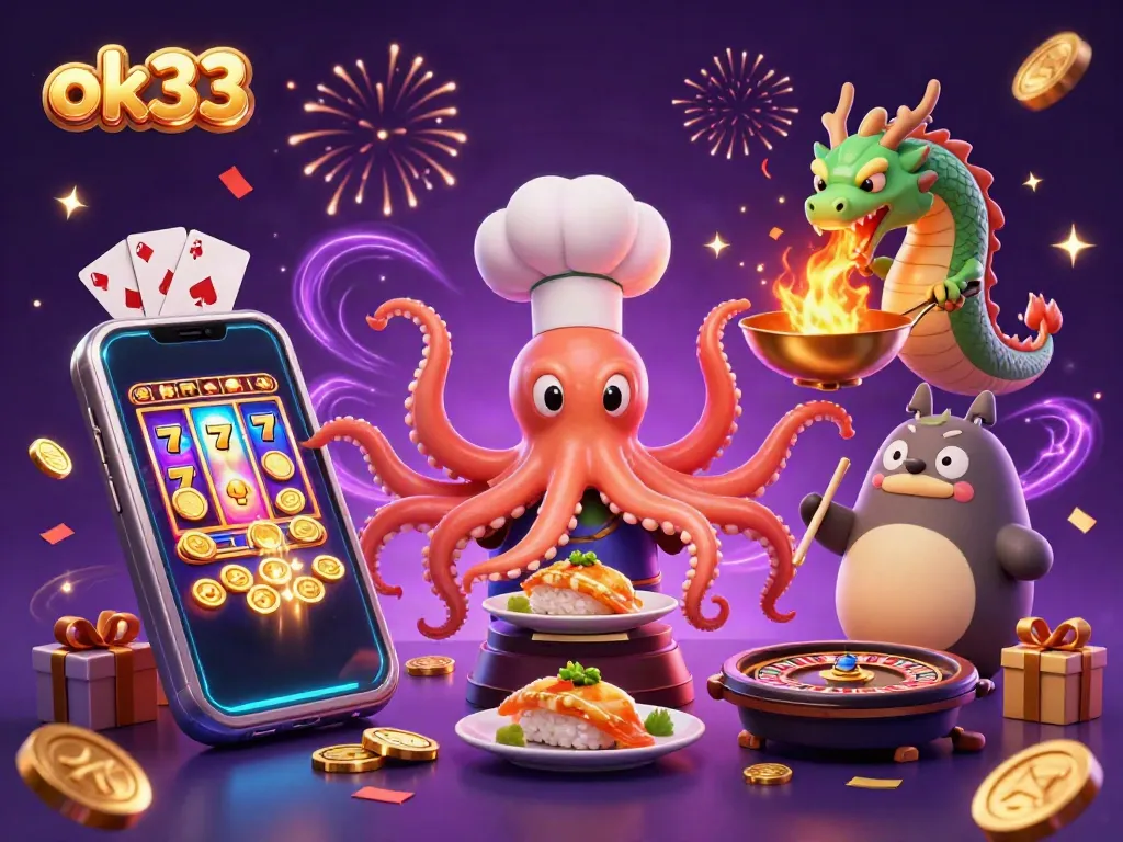 Experience the thrill of ok33 with a vibrant 3D casino scene featuring unique characters and slots.
