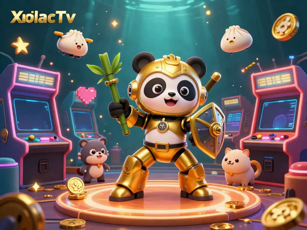 XoilacTv showcases a lively casino arena featuring a golden panda in a mech-suit with vibrant gaming elements, creating an immersive gambling experience.