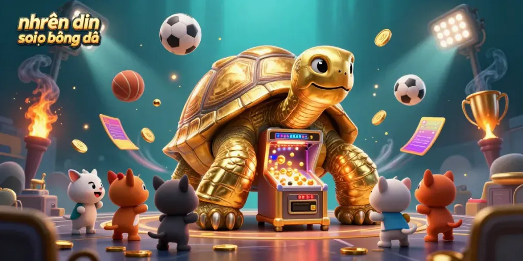 Experience exciting nhận định soi kèo bóng đá with a golden tortoise and dynamic sports elements in a vibrant scene.