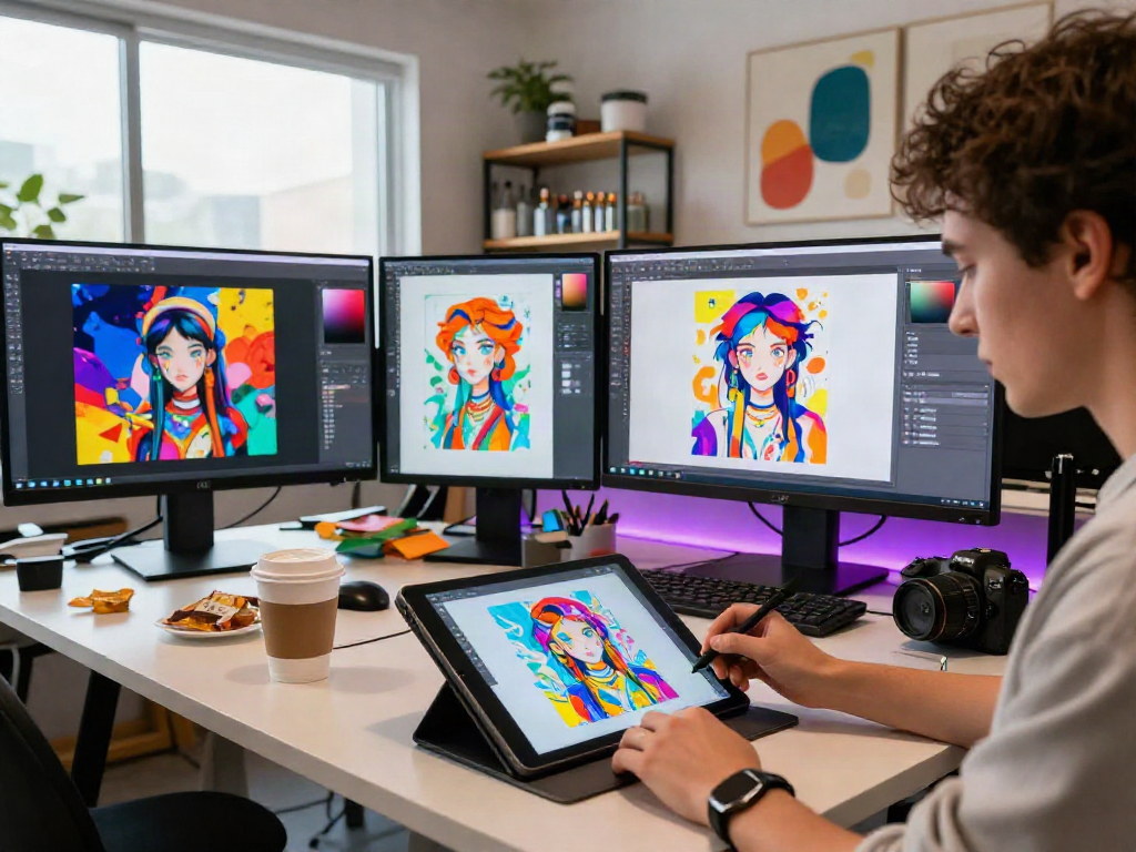 Creating vibrant nsfw ai digital art in a bright workshop with modern tools.
