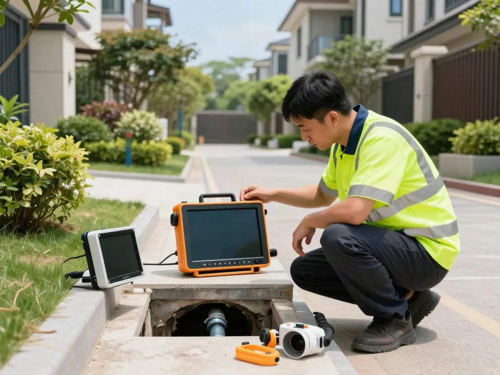 CCTV Drainage Survey London technician inspecting underground pipes with advanced monitoring tools in a residential area.