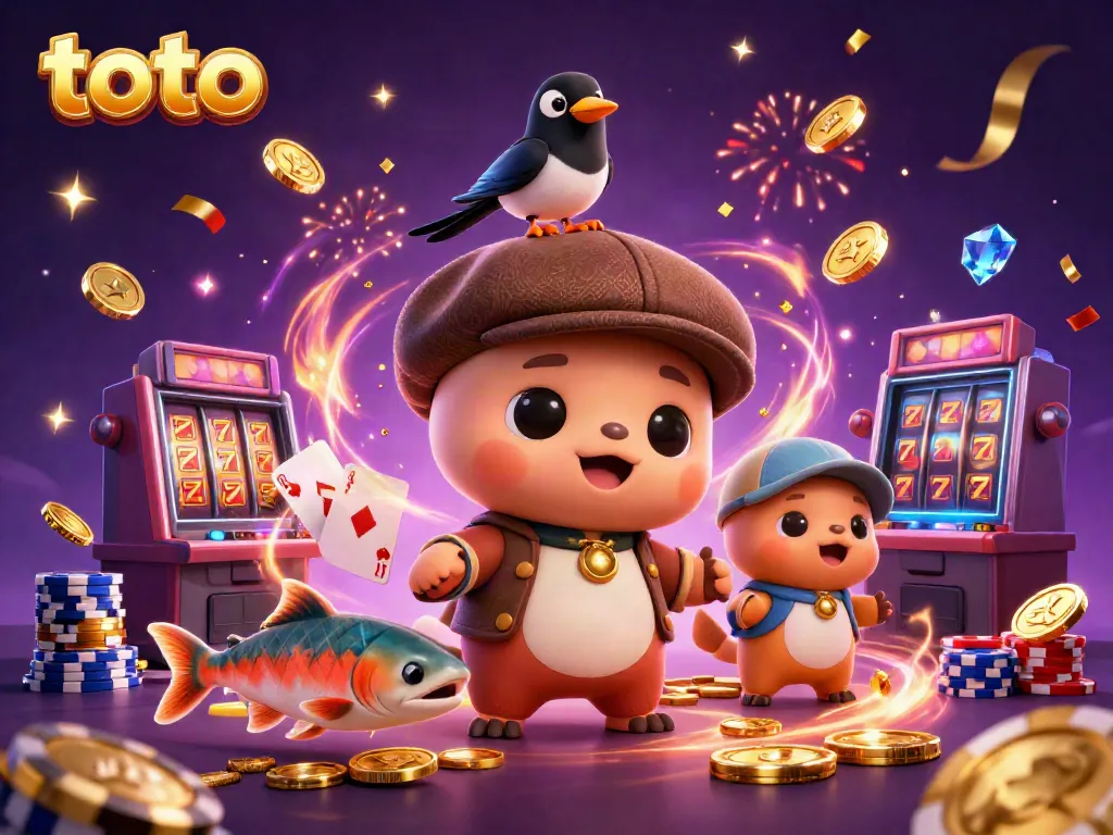 Engage in thrilling toto slot action with vibrant characters and dazzling casino elements.