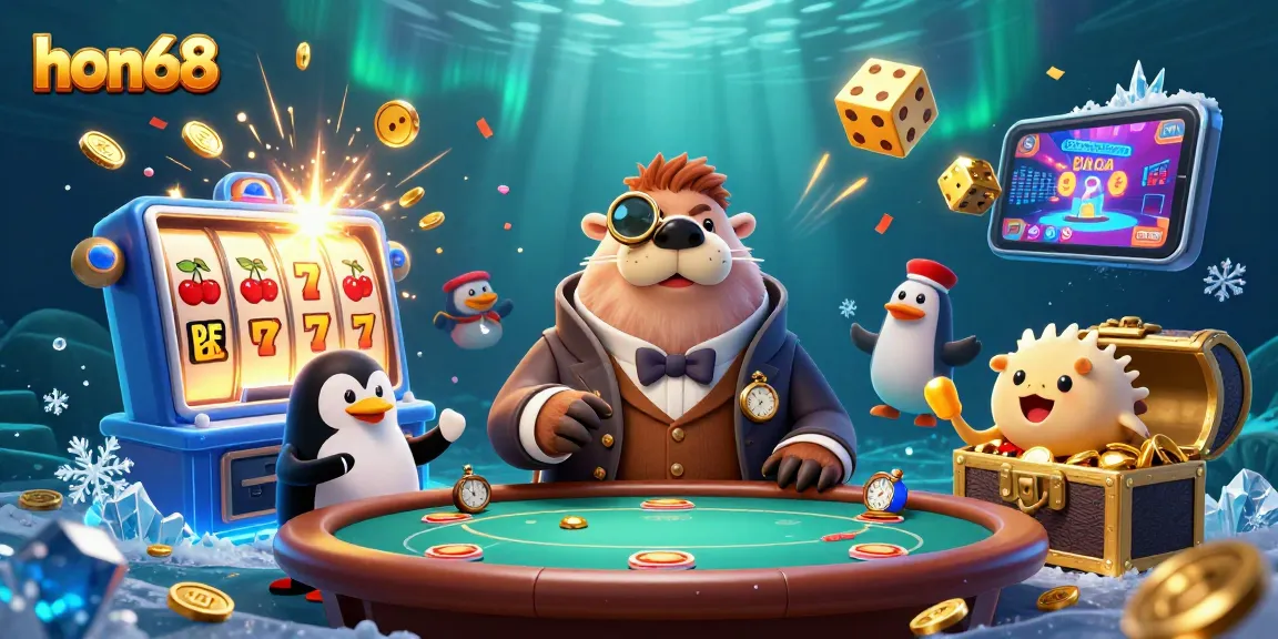 Join the fun at hon68's exciting underwater casino scene with a jolly walrus, penguin dealer, and pufferfish betting.