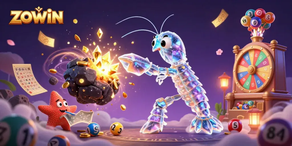 Zowin showcases a galactic mantis shrimp in a cosmic casino scene filled with lottery elements.
