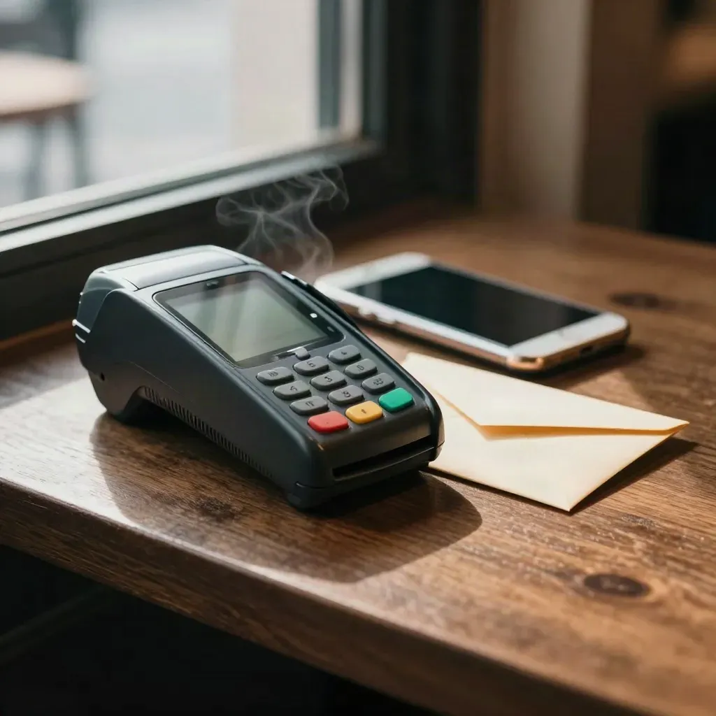 Card reader, face-down phone, and sealed envelope on a café ledge in warm window light.