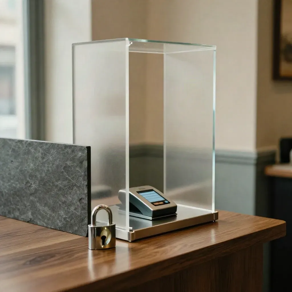 Secure checkout alcove with frosted acrylic shield, terminal dock, and padlock paperweight.