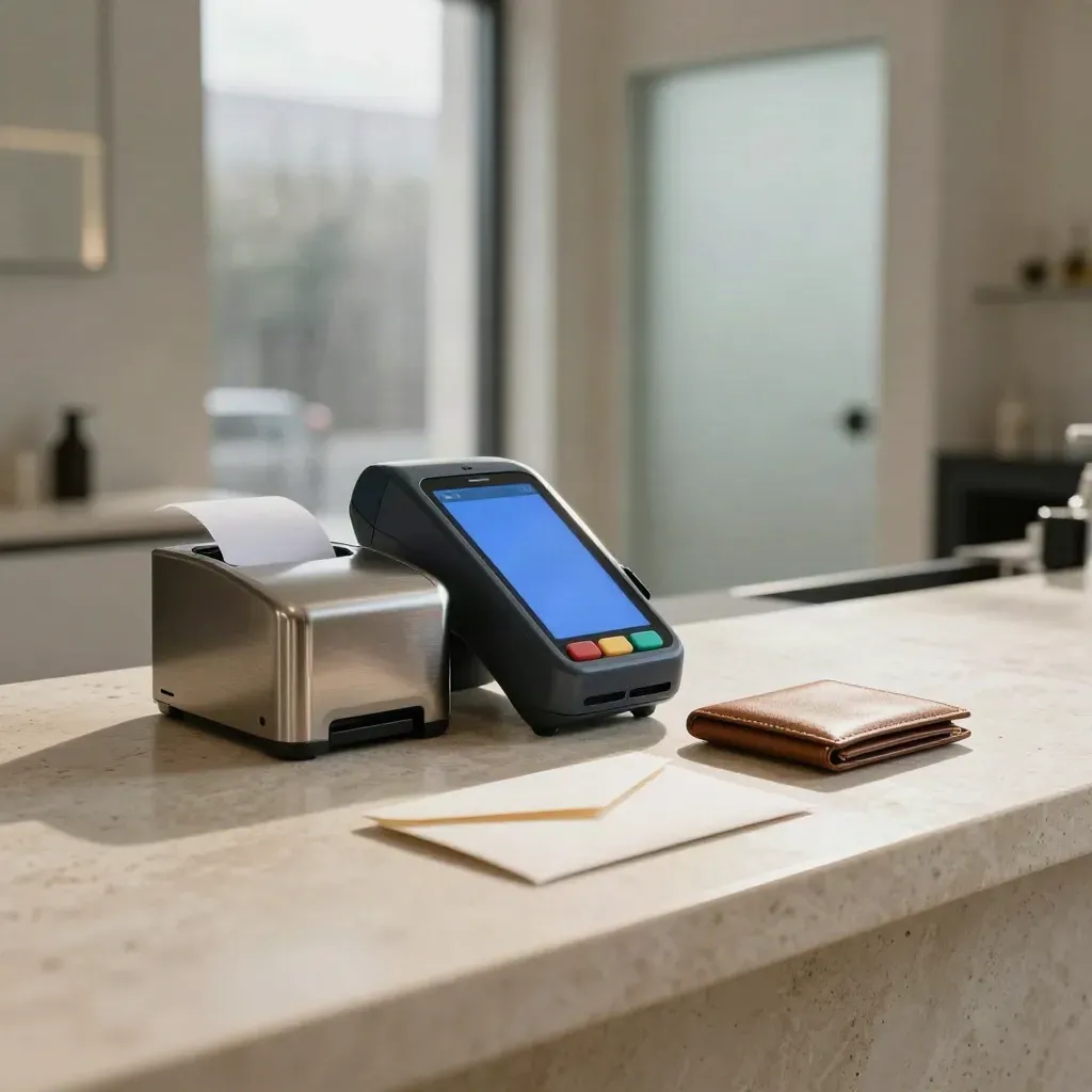 Premium payment terminal and receipt printer in a bright salon reception with rain-soft morning light.