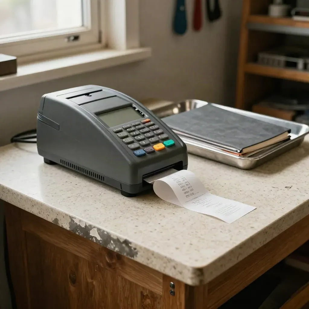 Workshop payment station with card terminal, receipt curl, ledger and metal job tray