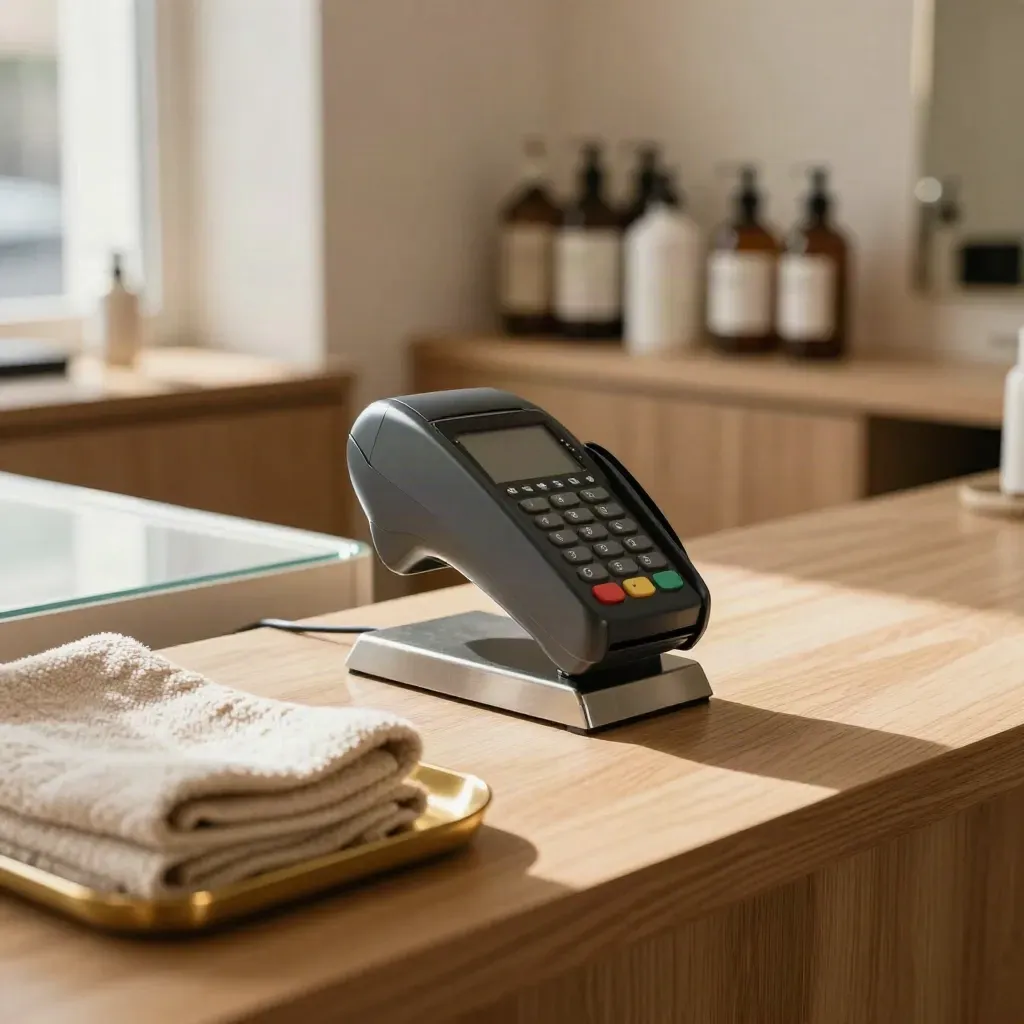 Salon card terminal on a brass tray beside folded towels in warm window light.