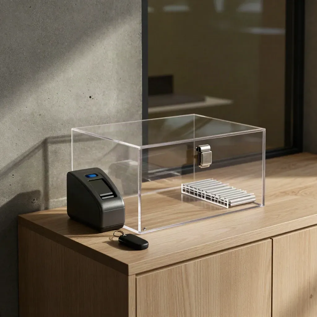 A locked deposit collection console with acrylic box, card terminal and key fob in a moody lobby.