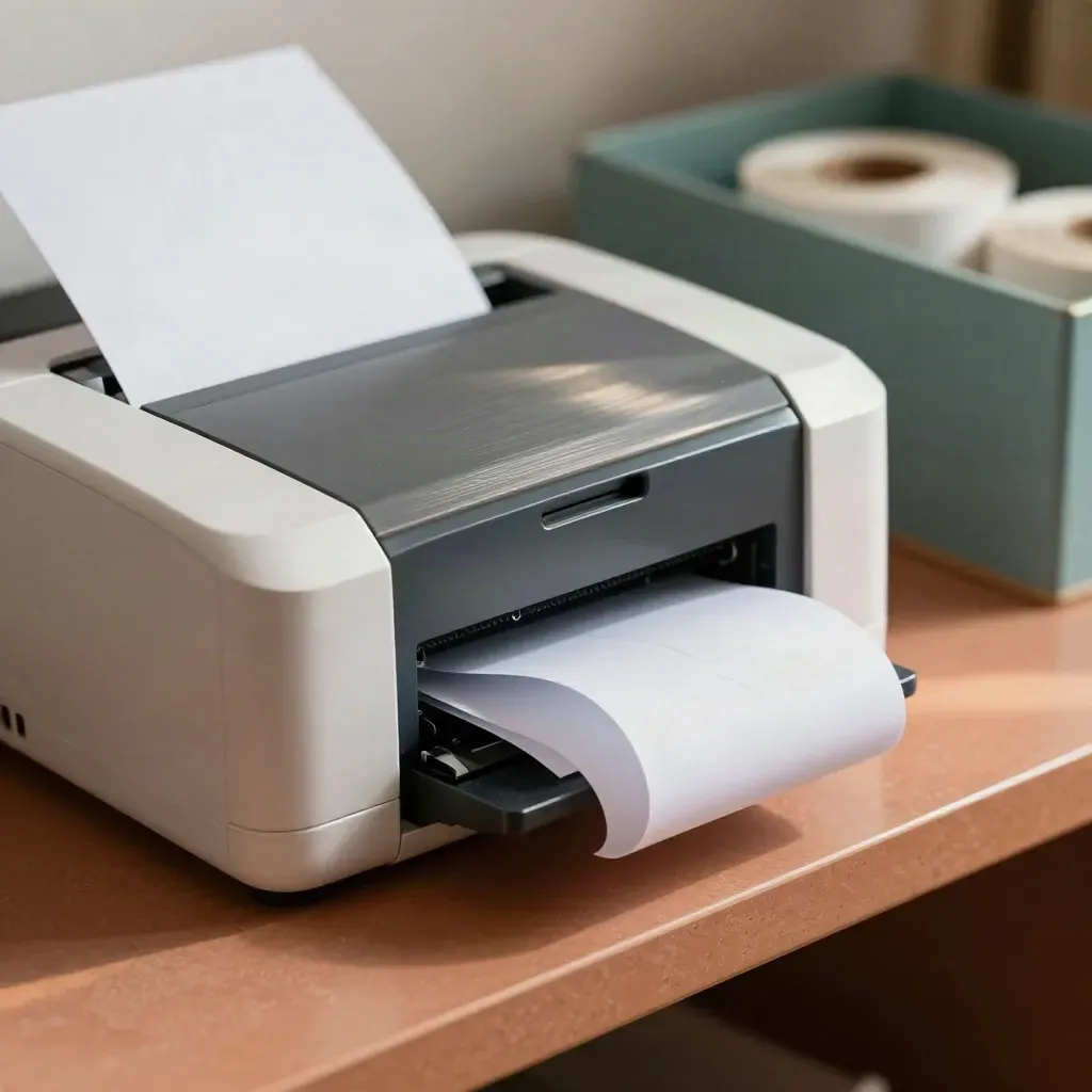 Thermal printer, receipt curl, spare rolls and archive tray in warm window light.