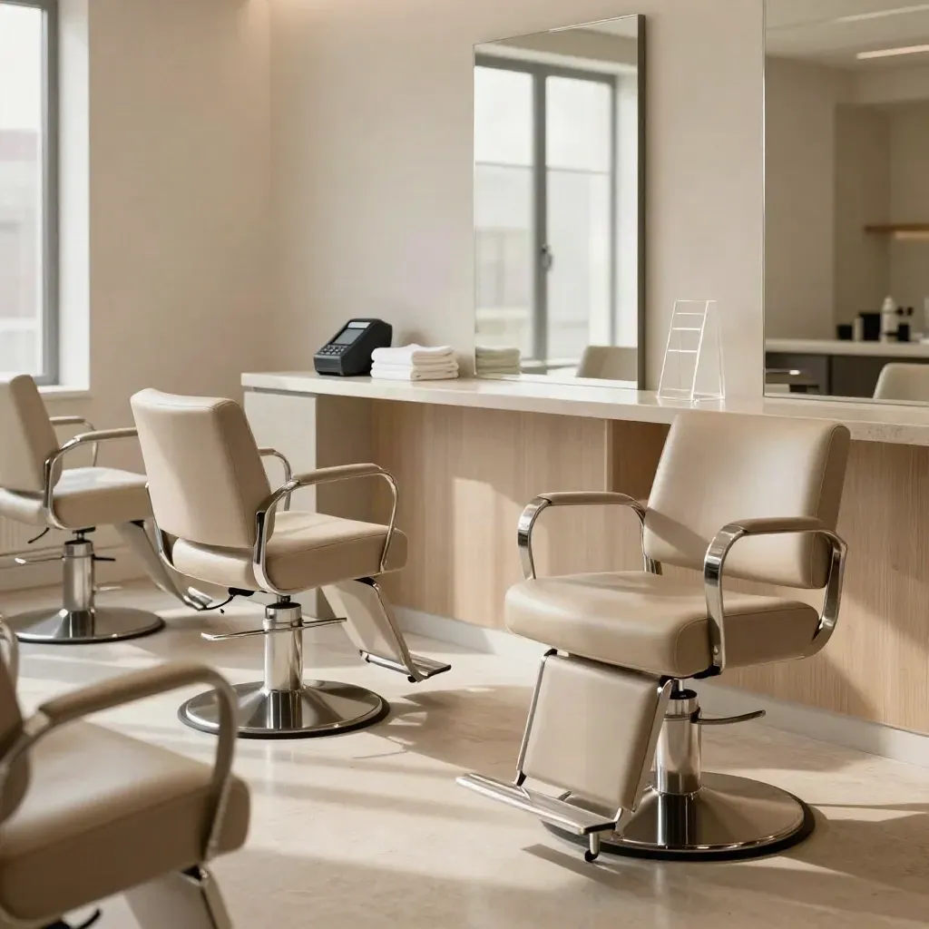 Empty Leeds salon reception with styling chairs, towels, card terminal and deposit stand by mirrors.