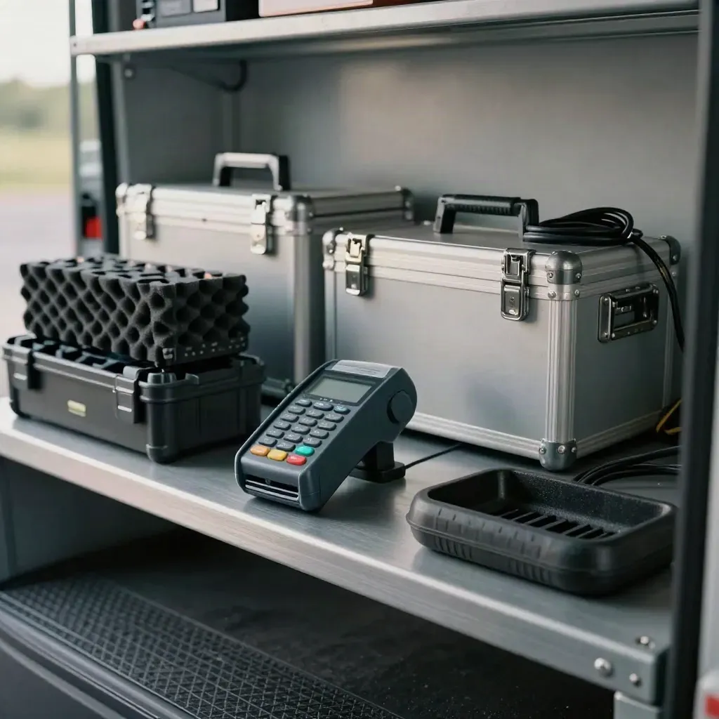 A van shelf with a payment terminal, batteries, tool cases and a charging dock