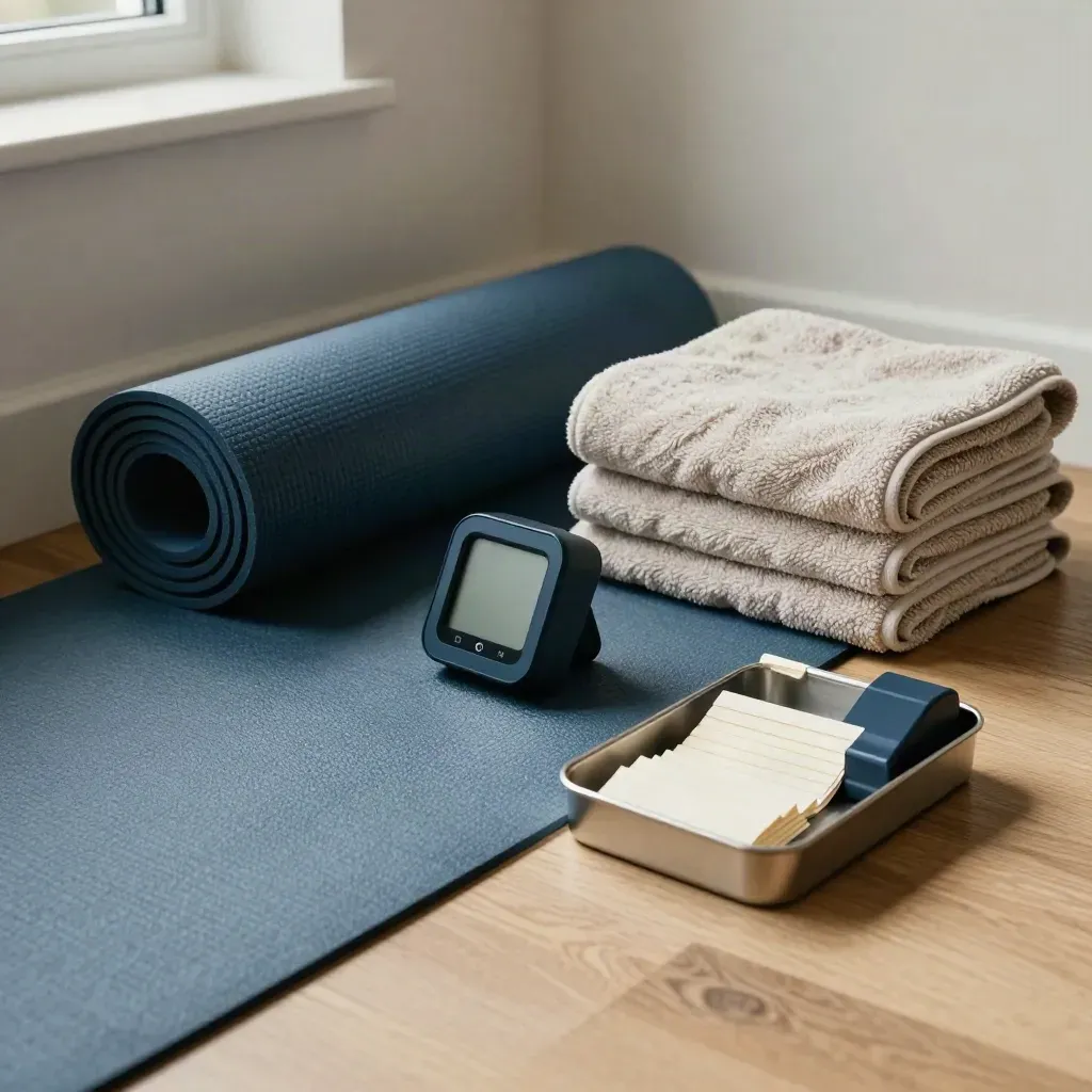 Coaching studio corner with rolled mat, timer, towel stack, and prepaid session tray.